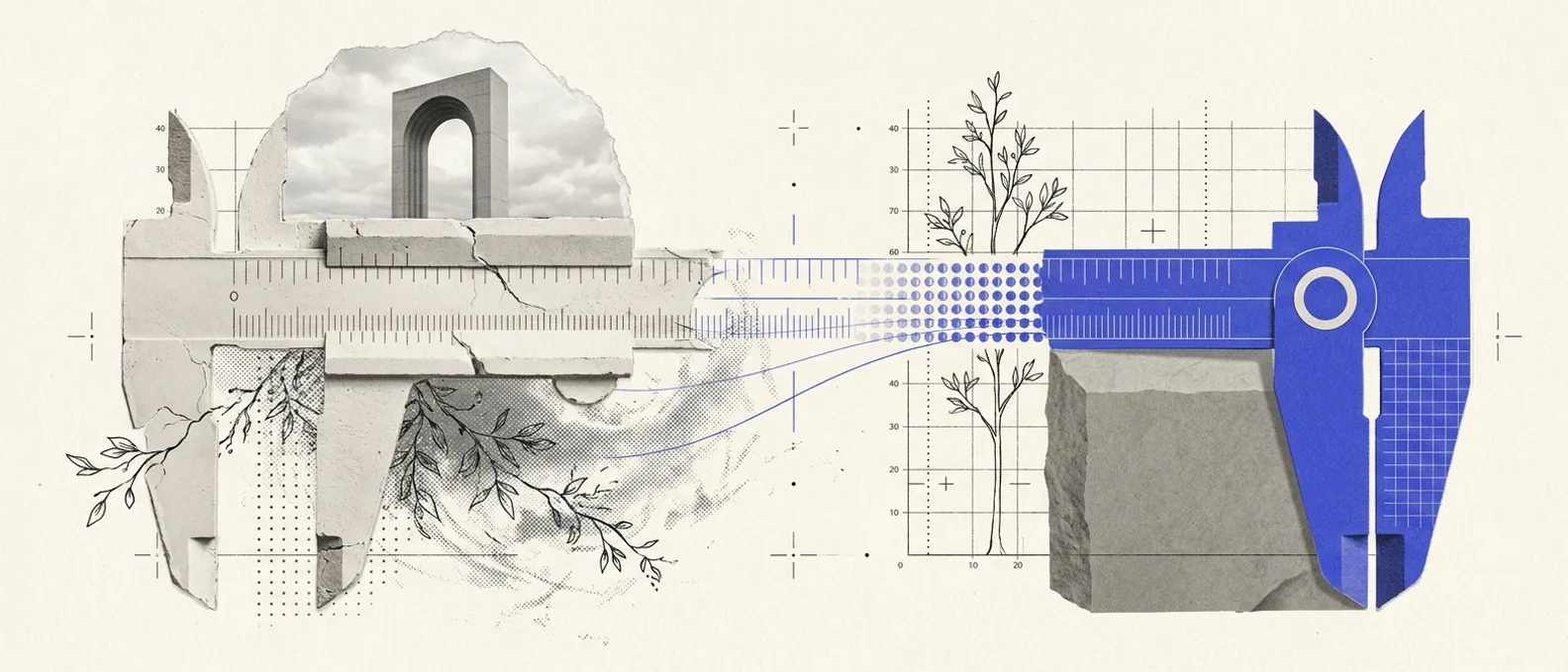 A plaster measuring instrument split in two: the near half cracked and shedding data-marks into gray static, the far half rebuilt in clean brand-blue on solid ground, a channel of restored marks flowing between them