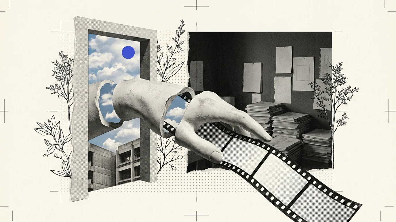 A plaster hand carrying a single strip of film out through a doorway, while behind it a room of stacked papers and sheets pinned to the walls is left in shadow