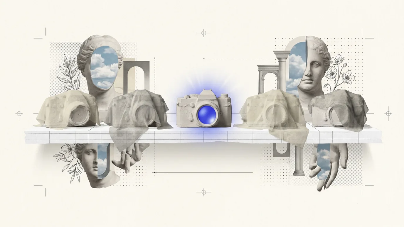A long white shelf of lumpy plaster shapes and classical fragments, one small camera in the middle glowing blue