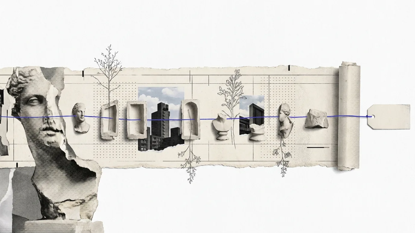 A long paper scroll unrolled beside a plaster head, a thin blue thread running along it through a row of small plaster fragments to a blank tag at its end