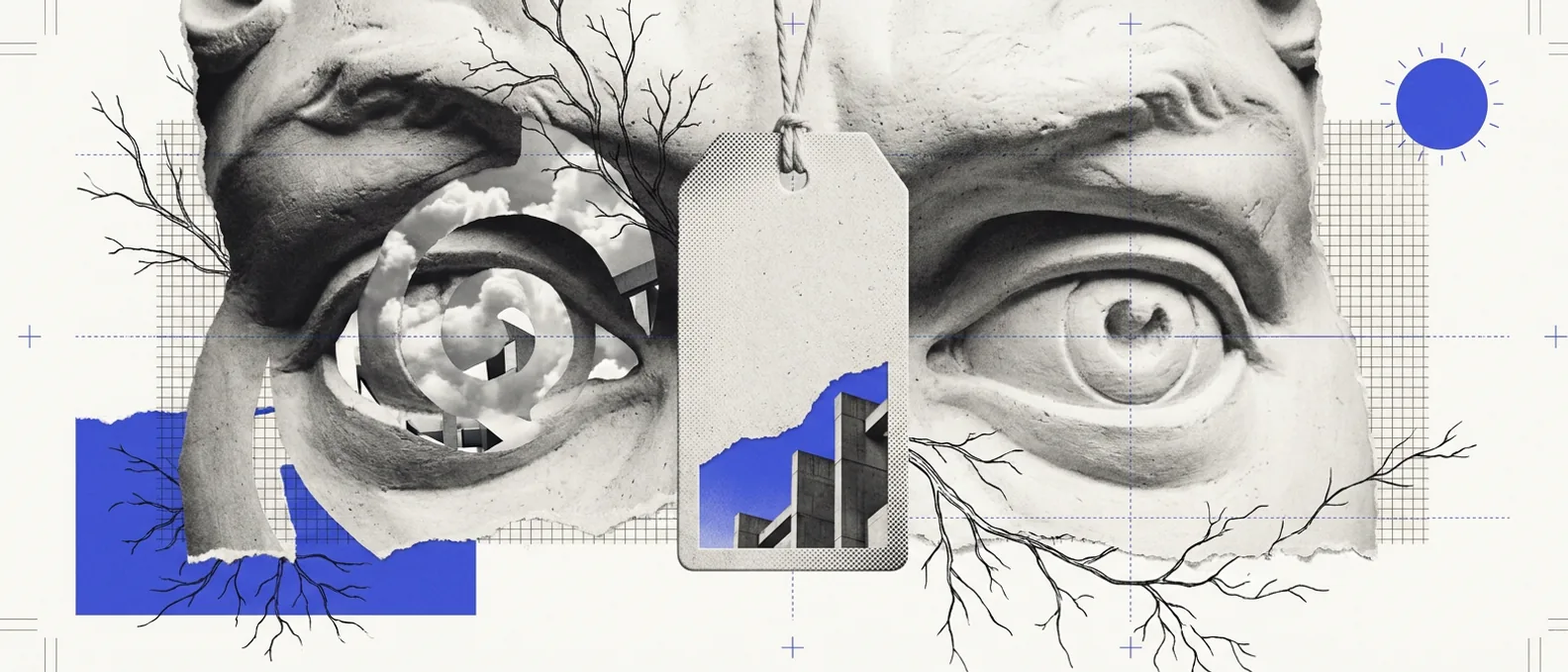 A plaster price tag hanging on a string between the two eyes of a huge classical face, a blue sun disk in one corner