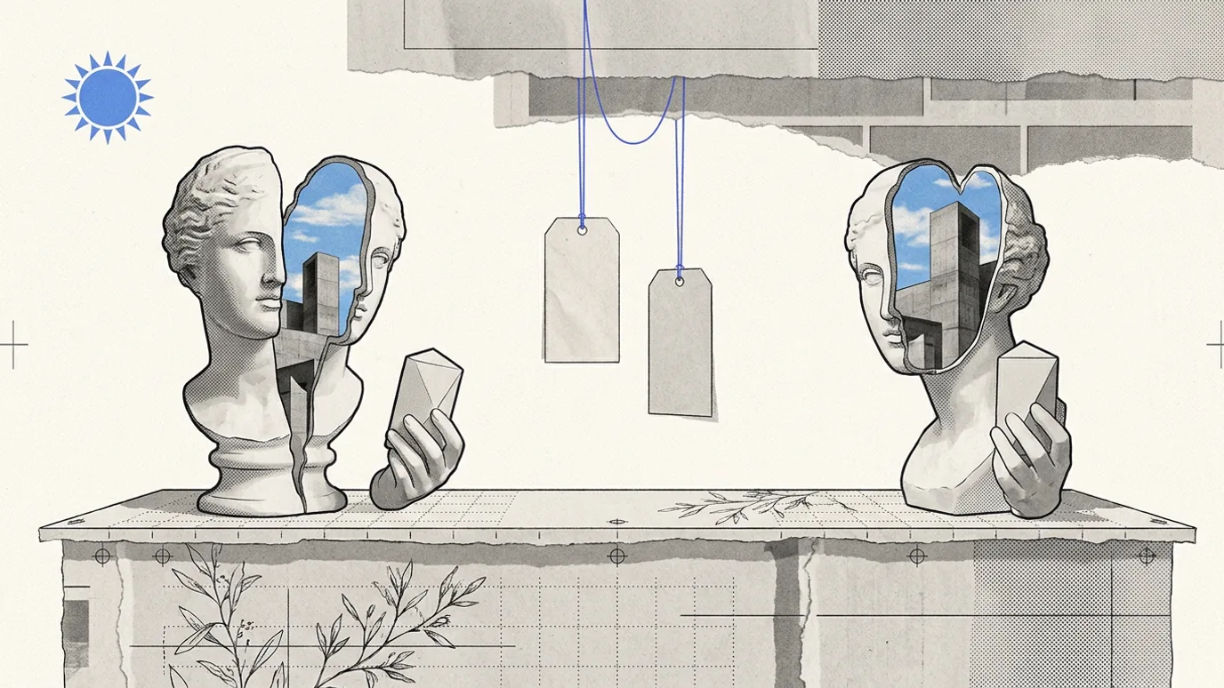 Two plaster busts at the same counter, each holding a small object, with two blank tags of different heights hanging above them on thin blue threads