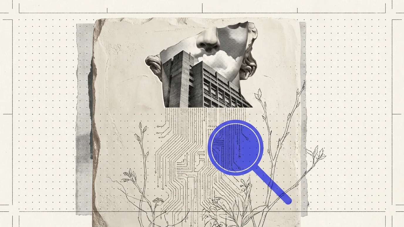 A tall plaster tablet with a building fragment carved at its top and a tangle of fine lines below, a blue magnifying glass held over the fine lines