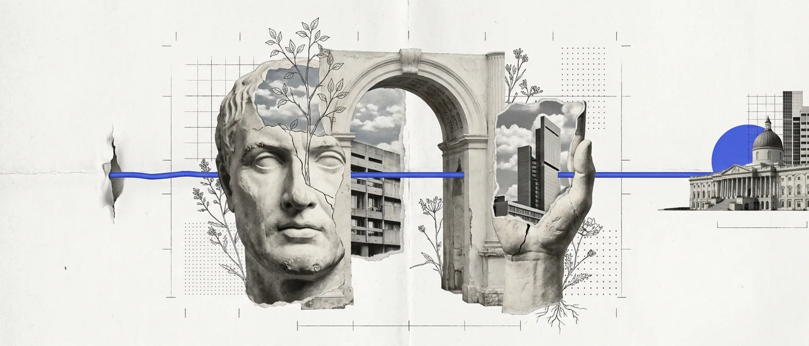 A thin blue line running straight through a plaster head, a classical archway, and an open hand toward a distant domed building