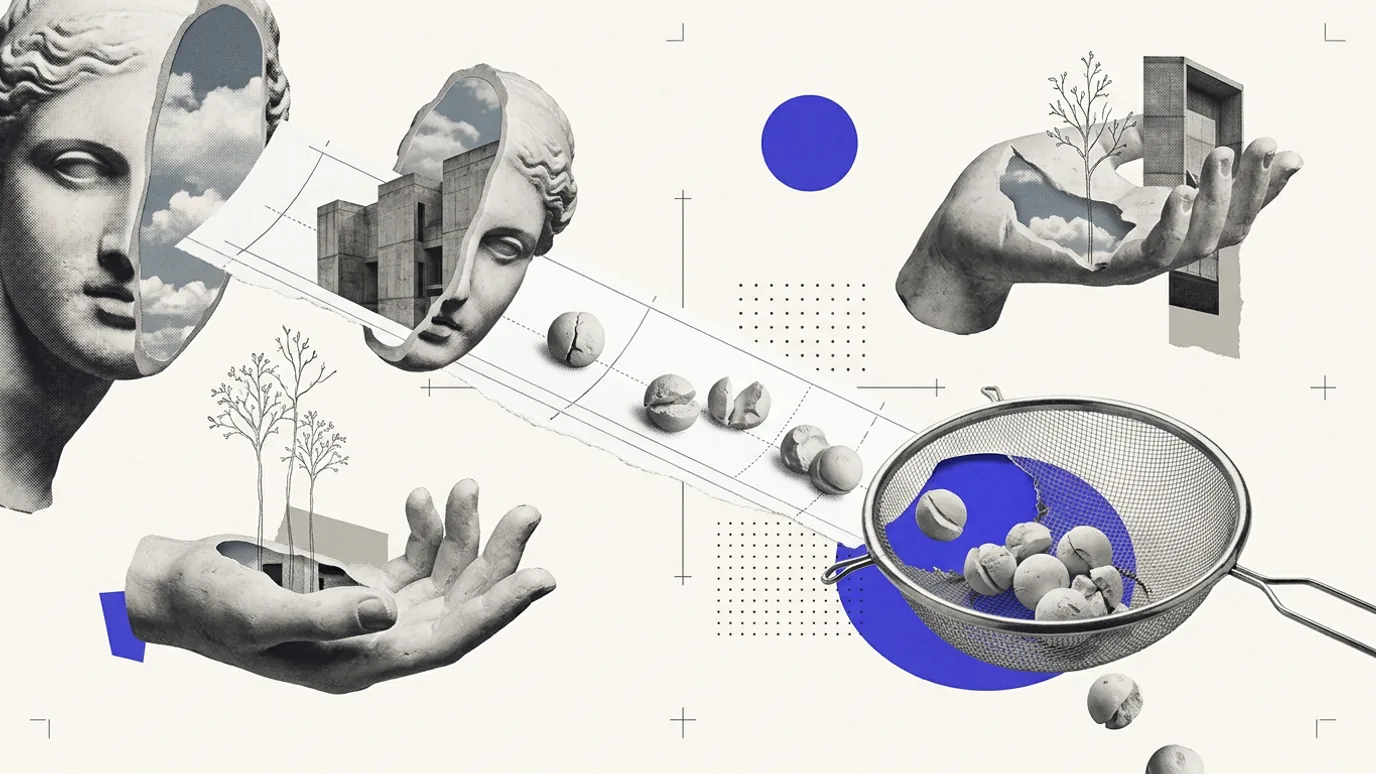 Small plaster spheres rolling down a white chute into a round sieve set over a blue disk, a plaster hand waiting below and a classical head at the left