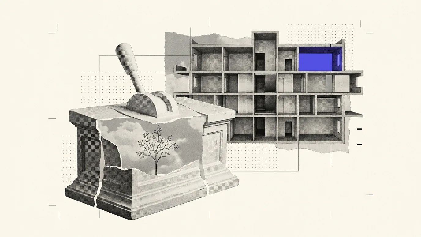 A plaster control desk with one large lever, joined by thin lines to a cutaway building of many empty rooms. One room is blue-violet.