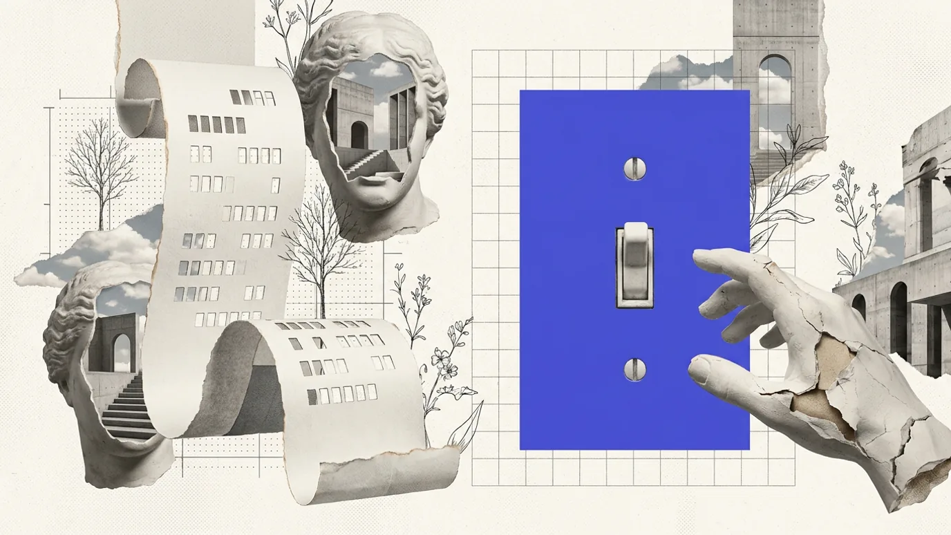 A curling paper scroll punched with rows of small empty rectangles, beside a large blue-violet wall switch. A cracked plaster hand reaches for the toggle.
