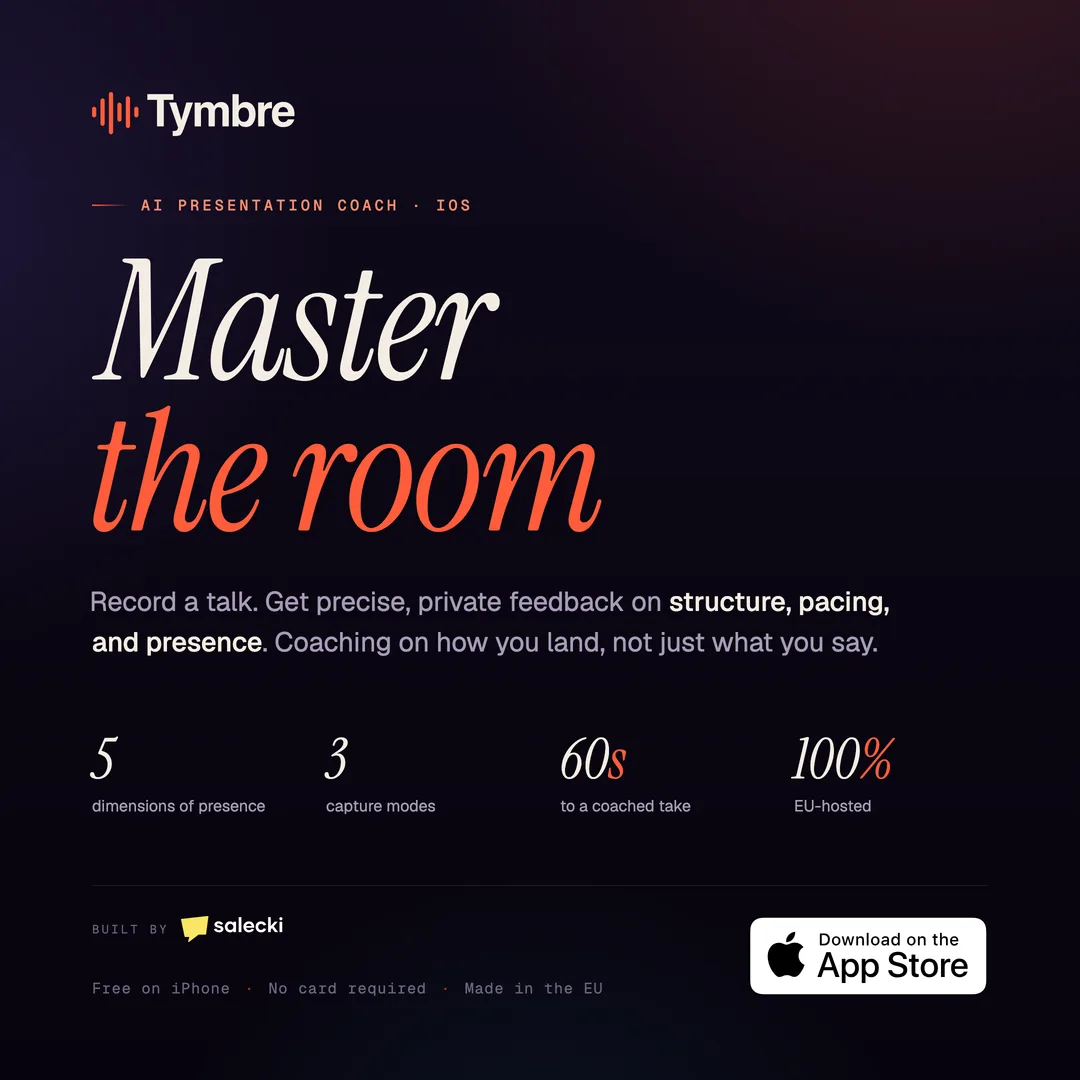 Tymbre brand graphic, Master the room, listing five dimensions of presence, three capture modes, sixty seconds to a coached take, and one hundred percent EU-hosted, with the App Store badge