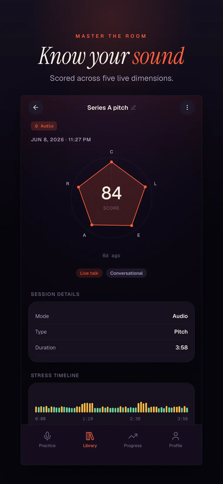 Tymbre analysis screen with the CLEAR radar and an overall score