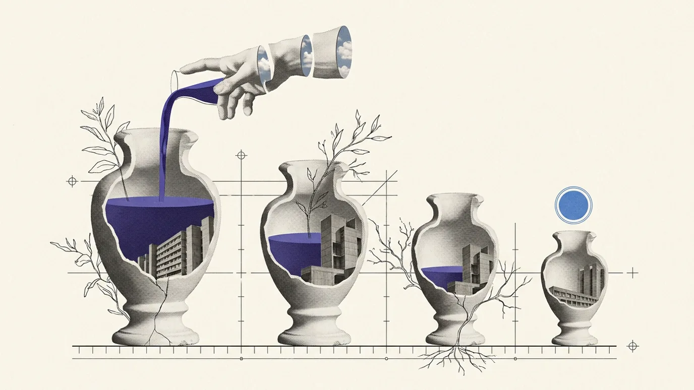 Four plaster vessels of visibly different sizes standing on one hairline measurement rule, each holding a different amount of brand-blue liquid, with a single classical hand pouring into the first