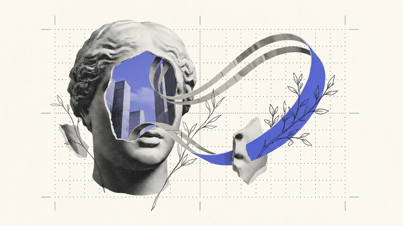 A closed loop of thin ribbon running out of a hollowed plaster head and back into it, one segment of the loop cut away and rendered in brand blue, over a faint dotted grid