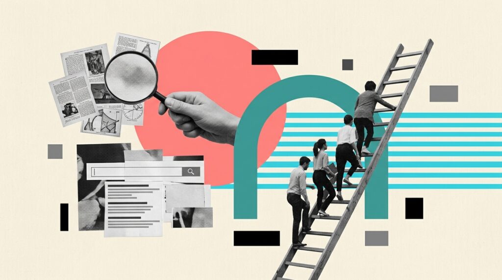 Illustration: abstract network graph connecting user questions, flowchart comparing keyword search to conversational search,