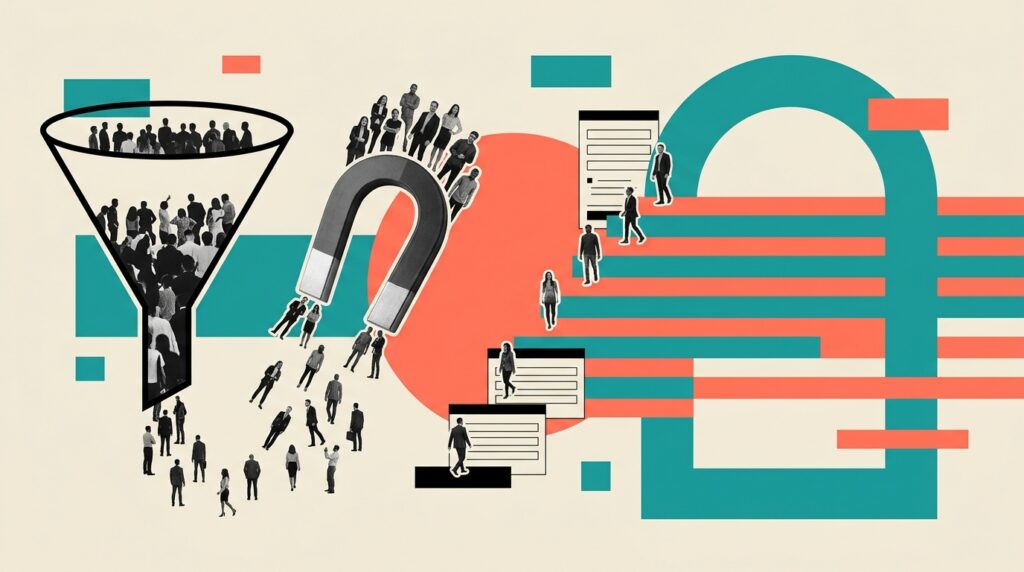 Illustration: interconnected marketing channels diagram, B2B sales funnel with multiple inputs, gears working together with m