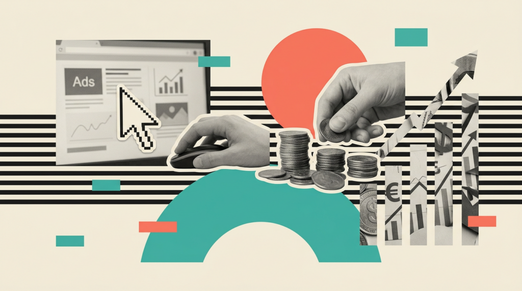 Illustration: AI data visualization dashboard, new digital advertising channels opening up, futuristic ad manager interface s