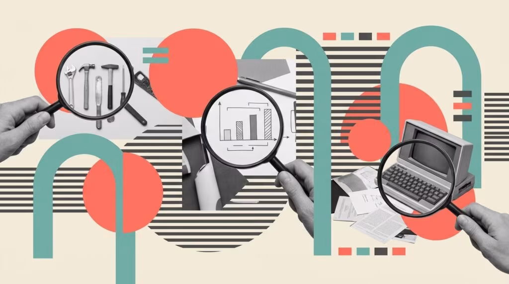 Illustration: Marketing technology stack blueprint, Futuristic marketing dashboard UI with graphs, Abstract network of connec