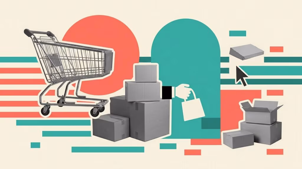 Illustration: abstract network diagram of customer profiles, ecommerce dashboard showing customer segments, venn diagram of o