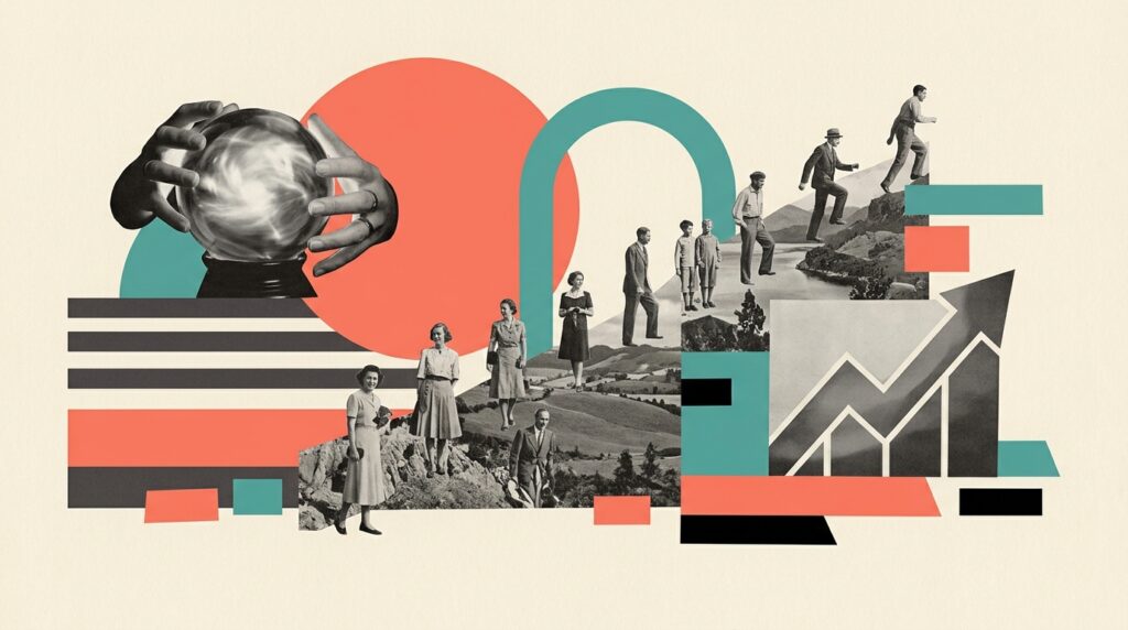 Illustration: futuristic social media interface collage, abstract network of digital creators, neon data streams on mobile de