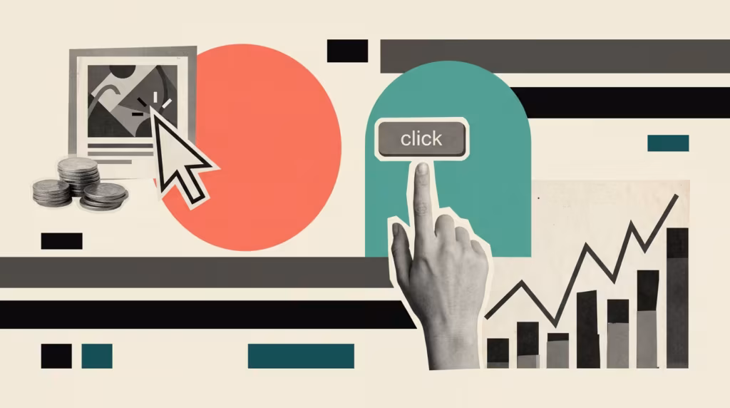 Illustration: abstract AI data network, workflow diagram showing automation, digital advertising dashboard with charts - goog