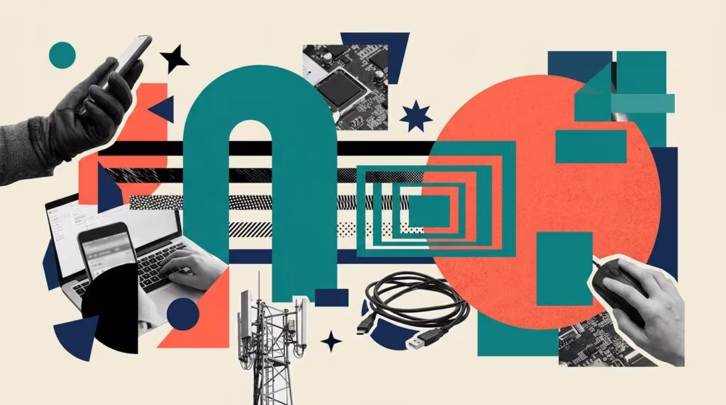 Illustration: futuristic marketing event stage, abstract data visualization network, AI brain connected to marketing icons