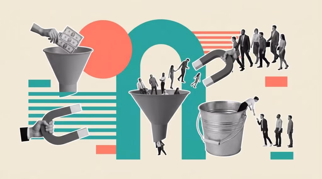 Illustration: landing page wireframe layout, conversion funnel diagram, A/B test call to action button - landing page for lea