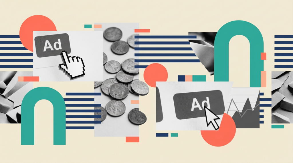 Illustration: abstract chart showing profit margin growth, magnifying glass over a financial report, balanced scale with mone