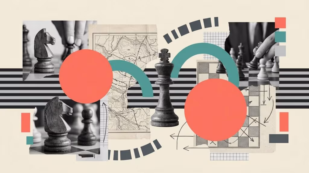Illustration: chess pieces, strategic map, planning board