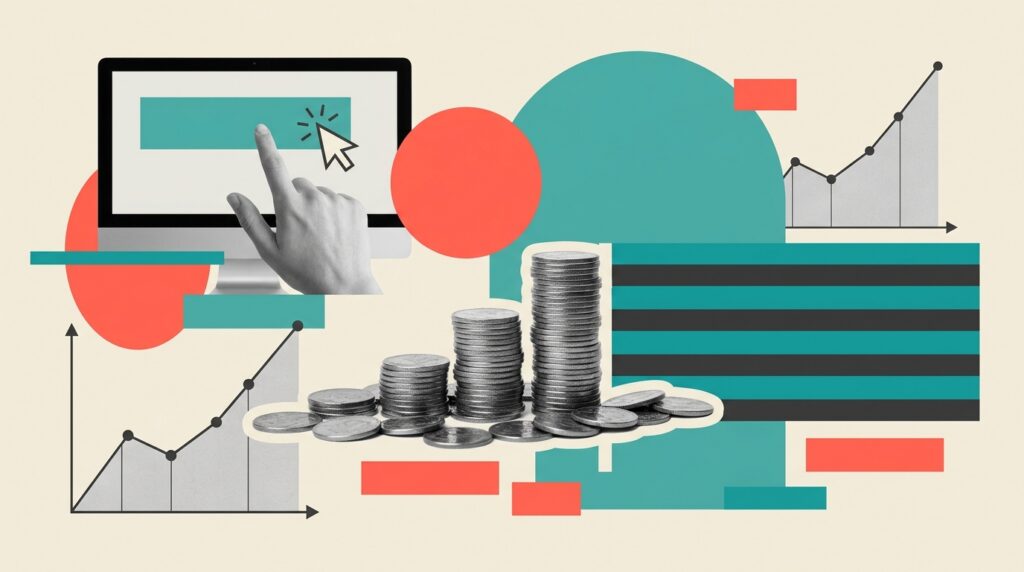 Illustration: abstract network of data nodes, marketing dashboard with performance charts, blueprint for a complex machine -
