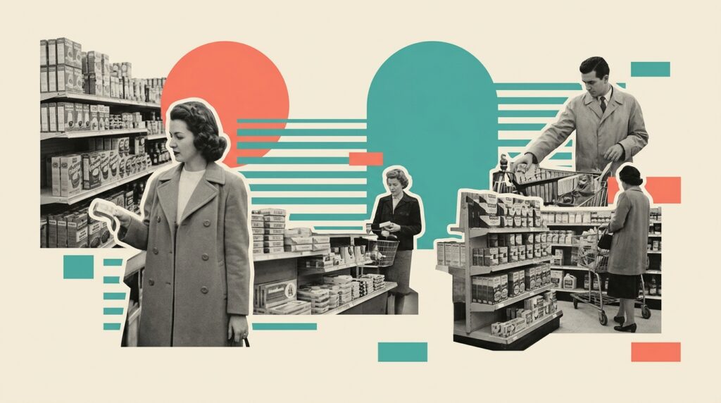 Illustration: Abstract network graph connecting retail logos, Digital shopping cart with media icons flowing out, Dashboard s