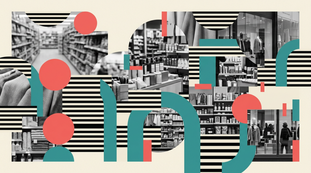 Illustration: shopping cart with digital ad icons, abstract data visualization of market growth, retail store aisle with digi