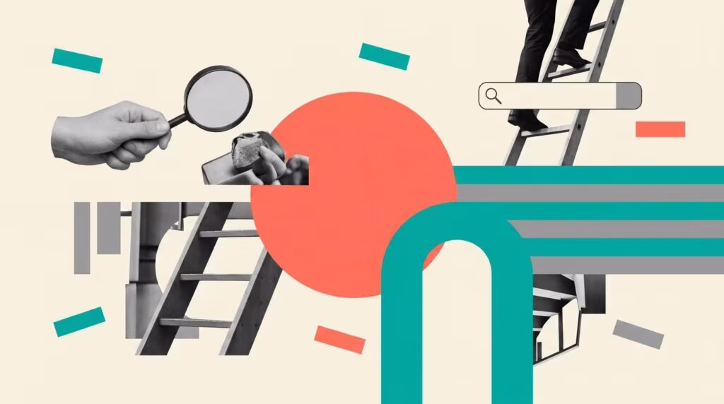 Illustration: Solid foundation blocks with SEO icons, Blueprint of a website architecture, Magnifying glass over search engin